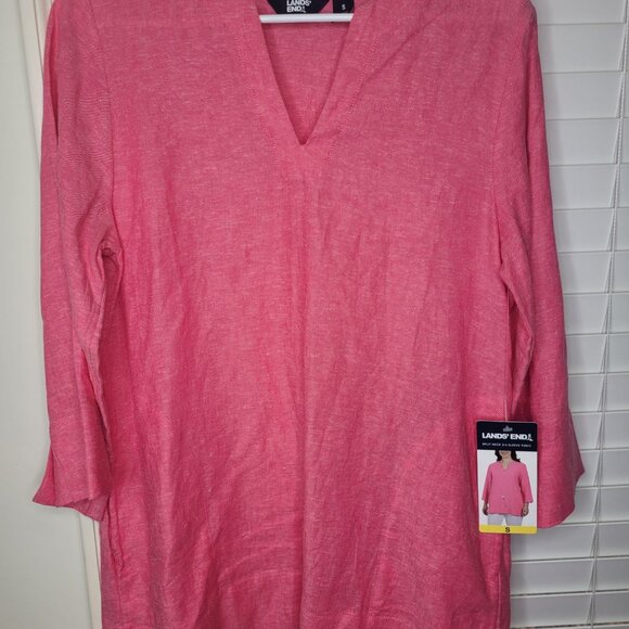 Lands End Pink Linen blend Tunic Top Split Neck 3/4 Sleeve S Beachcore Granny - Picture 1 of 6